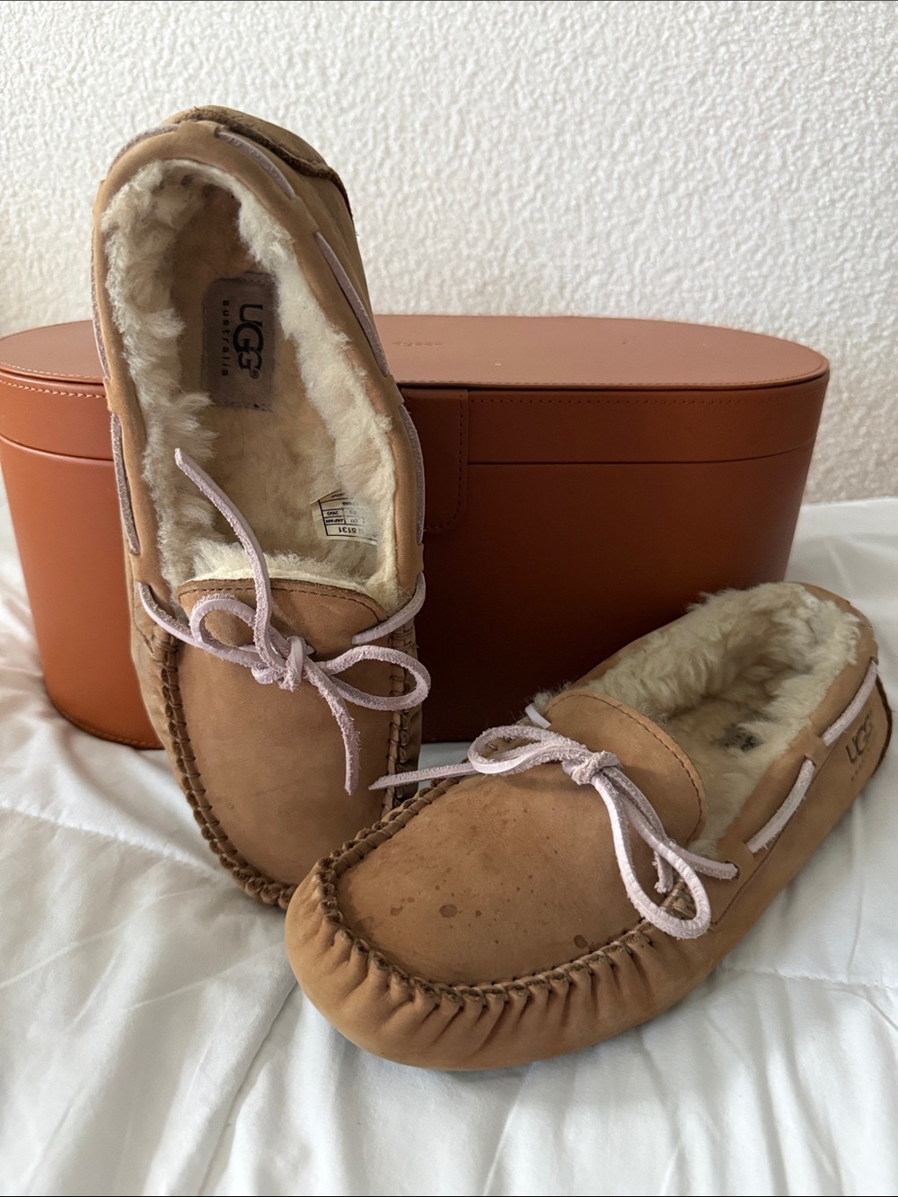 UGG Chestnut/Tan Leather Shearling Moccasin Slippers